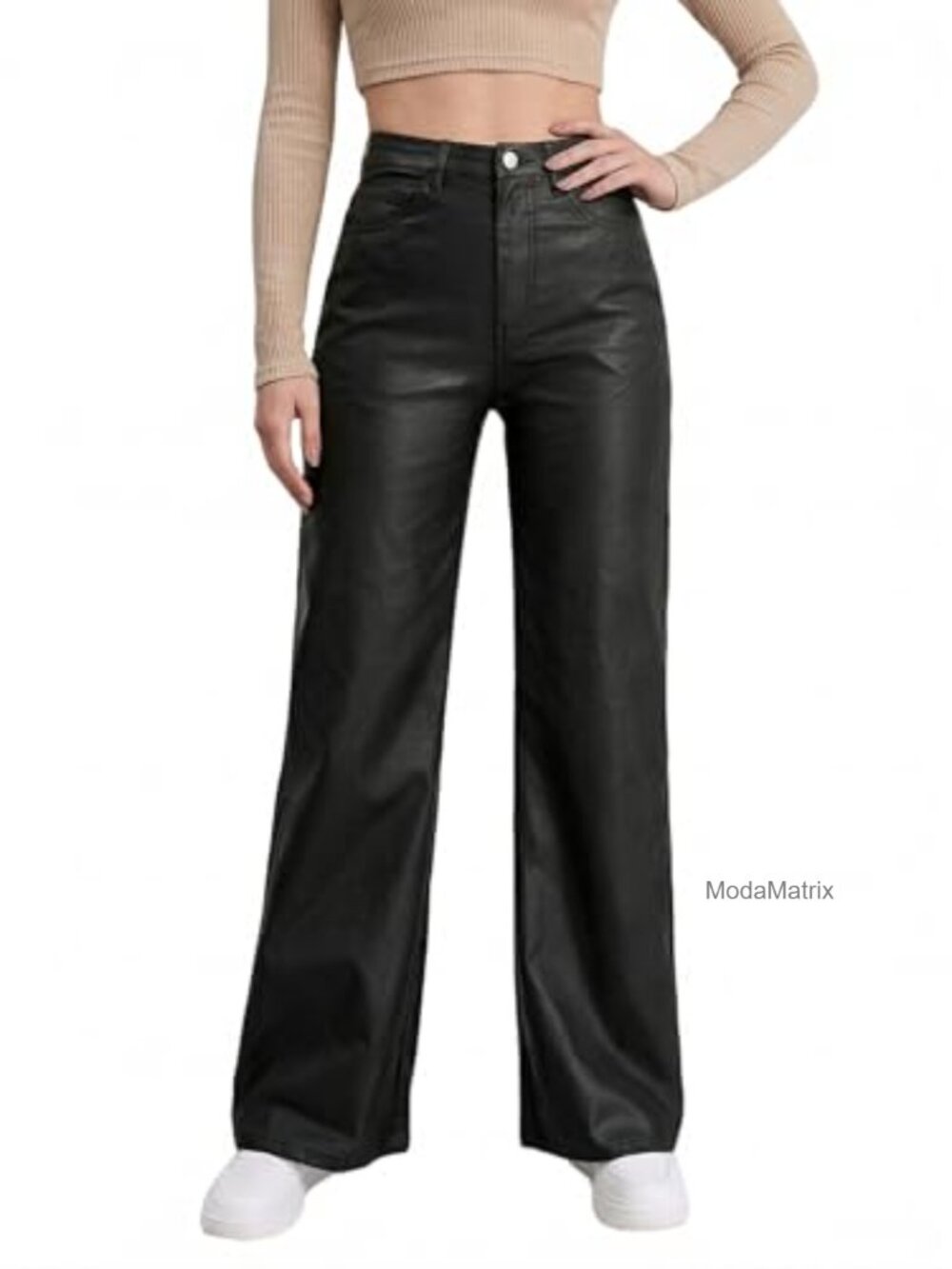 Faux Leather High Waist Straight Leg Pants Wide Leg PU Trousers